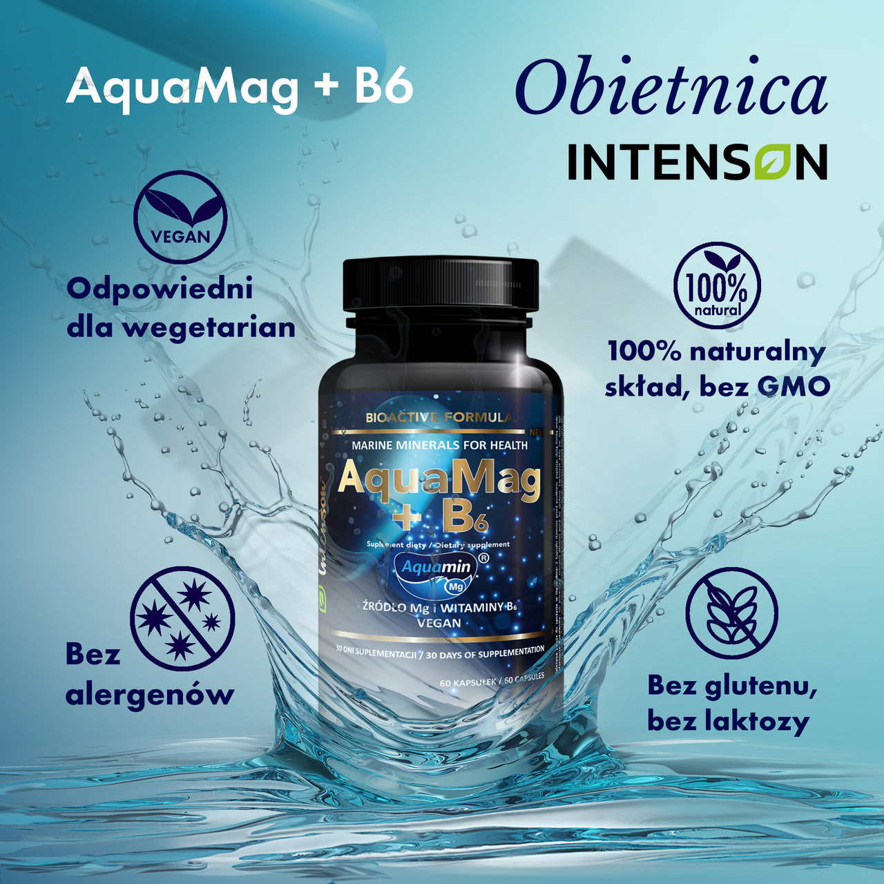 Magnez AquaMag z Aquamin MgTg® i witaminą B6, 60 kapsułek