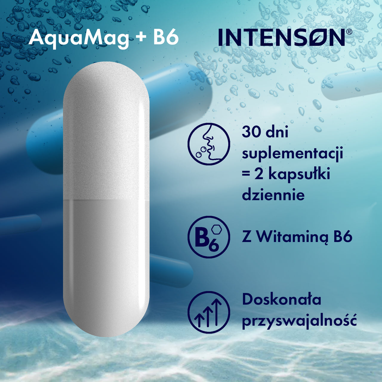 Magnez AquaMag z Aquamin MgTg® i witaminą B6, 60 kapsułek