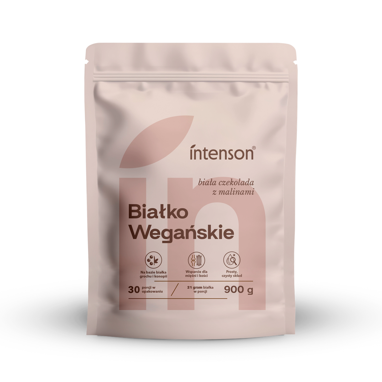 Białko wegańskie o smaku białej czekolady i malin, 900 g - Intenson.pl