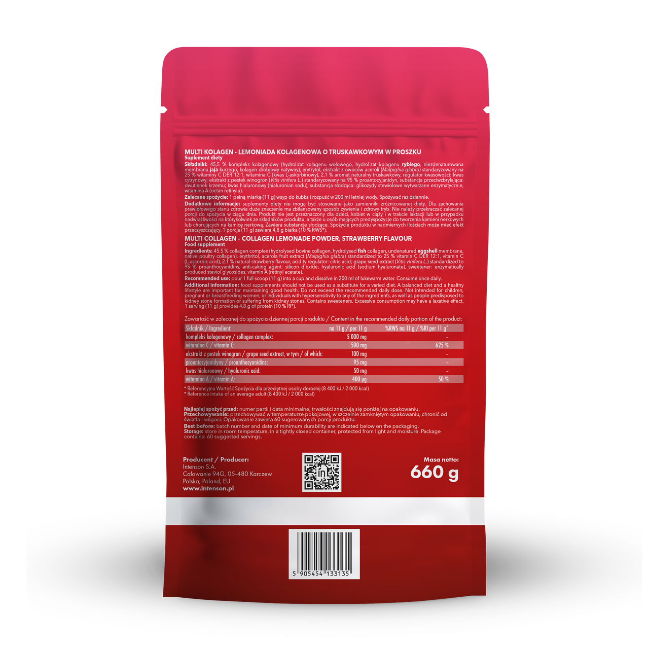 Intenson Multi Kolagen Lemoniada o smaku truskawka 660g Witamina C, Kwas Hialuronowy, OPC - Intenson.pl