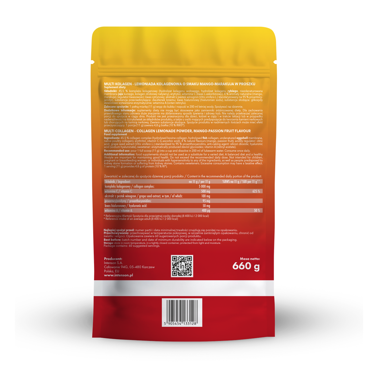 Intenson Multi Kolagen Lemoniada o smaku mango marakuja 660g Witamina C, Kwas Hialuronowy, OPC - Intenson.pl