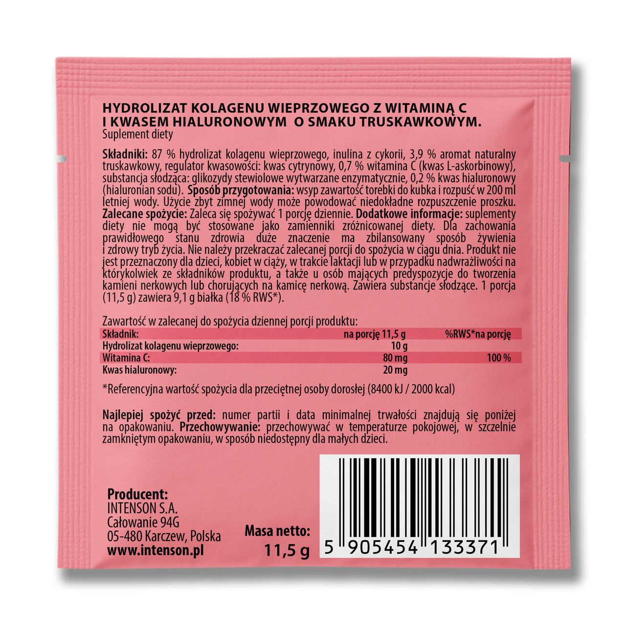 Intenson Kolagen saszetka + witamina C + kwas hialuronowy o smaku truskawka 11,5 g - Intenson.pl