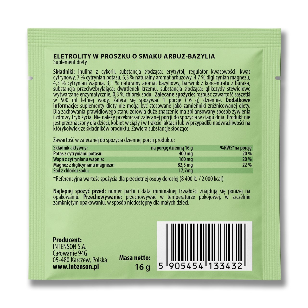 Intenson Elektrolity o smaku arbuz bazylia 16g z obniżoną zawartością sodu - Intenson.pl