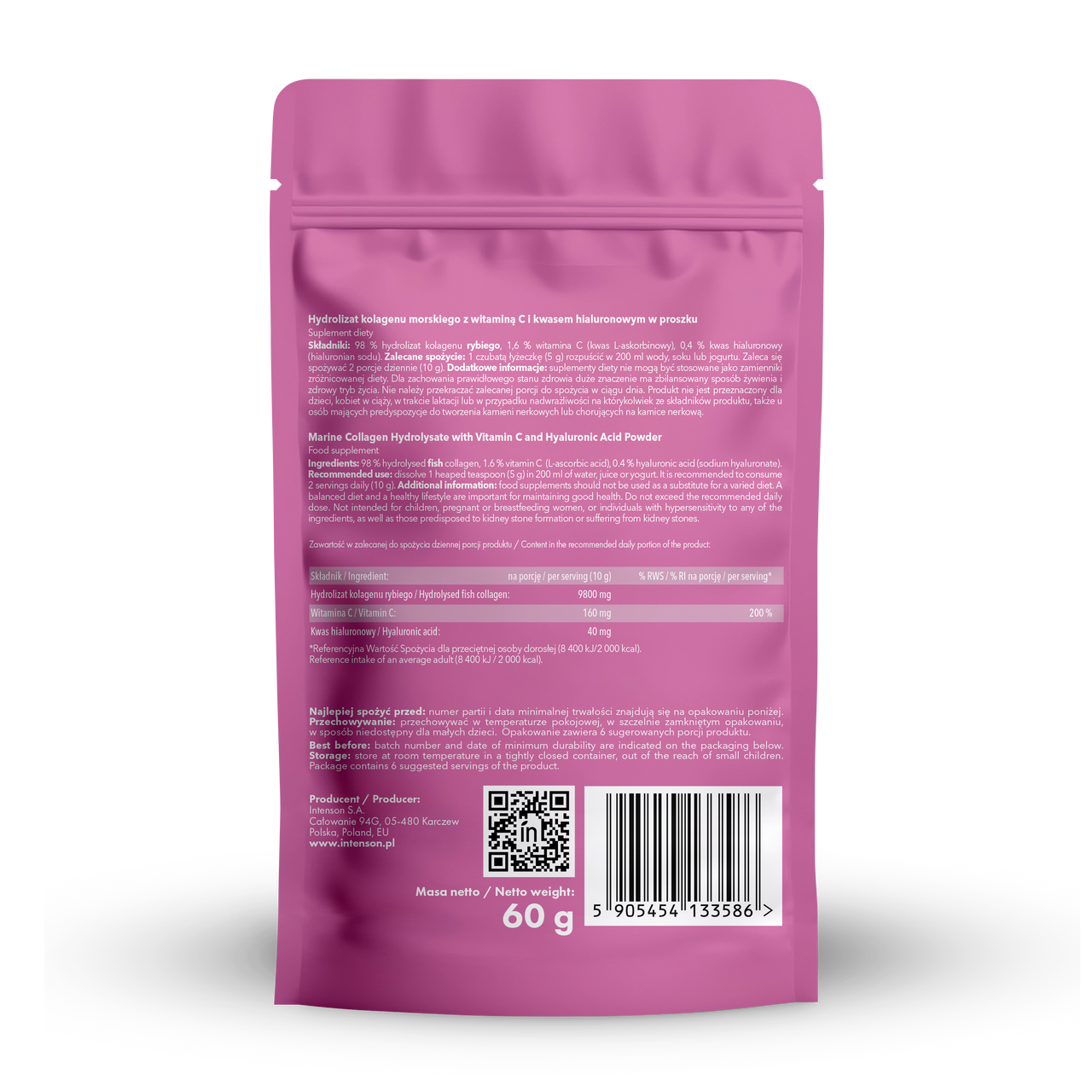 Intenson Kolagen morski proszek + witamina C + kwas hialuronowy 60g - Intenson.pl