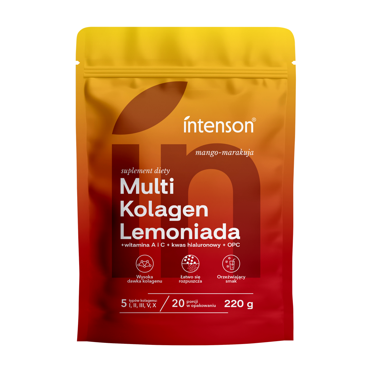 Intenson Multi Kolagen Lemoniada o smaku mango marakuja 220g Witamina C, Kwas Hialuronowy, OPC - Intenson.pl