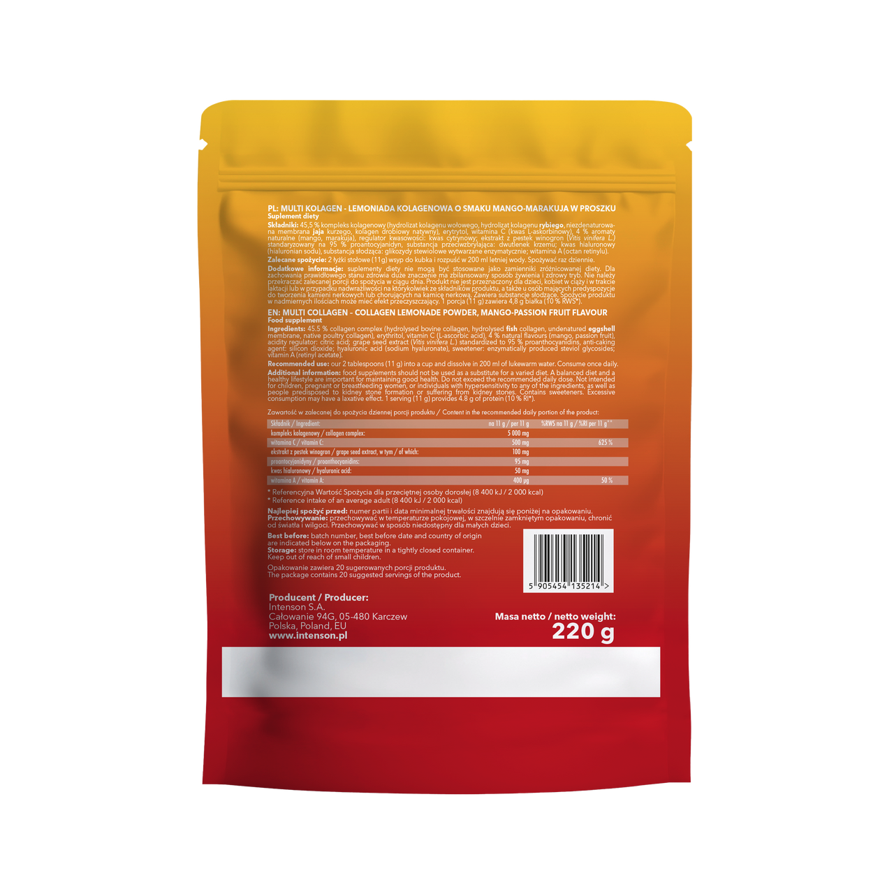 Intenson Multi Kolagen Lemoniada o smaku mango marakuja 220g Witamina C, Kwas Hialuronowy, OPC - Intenson.pl