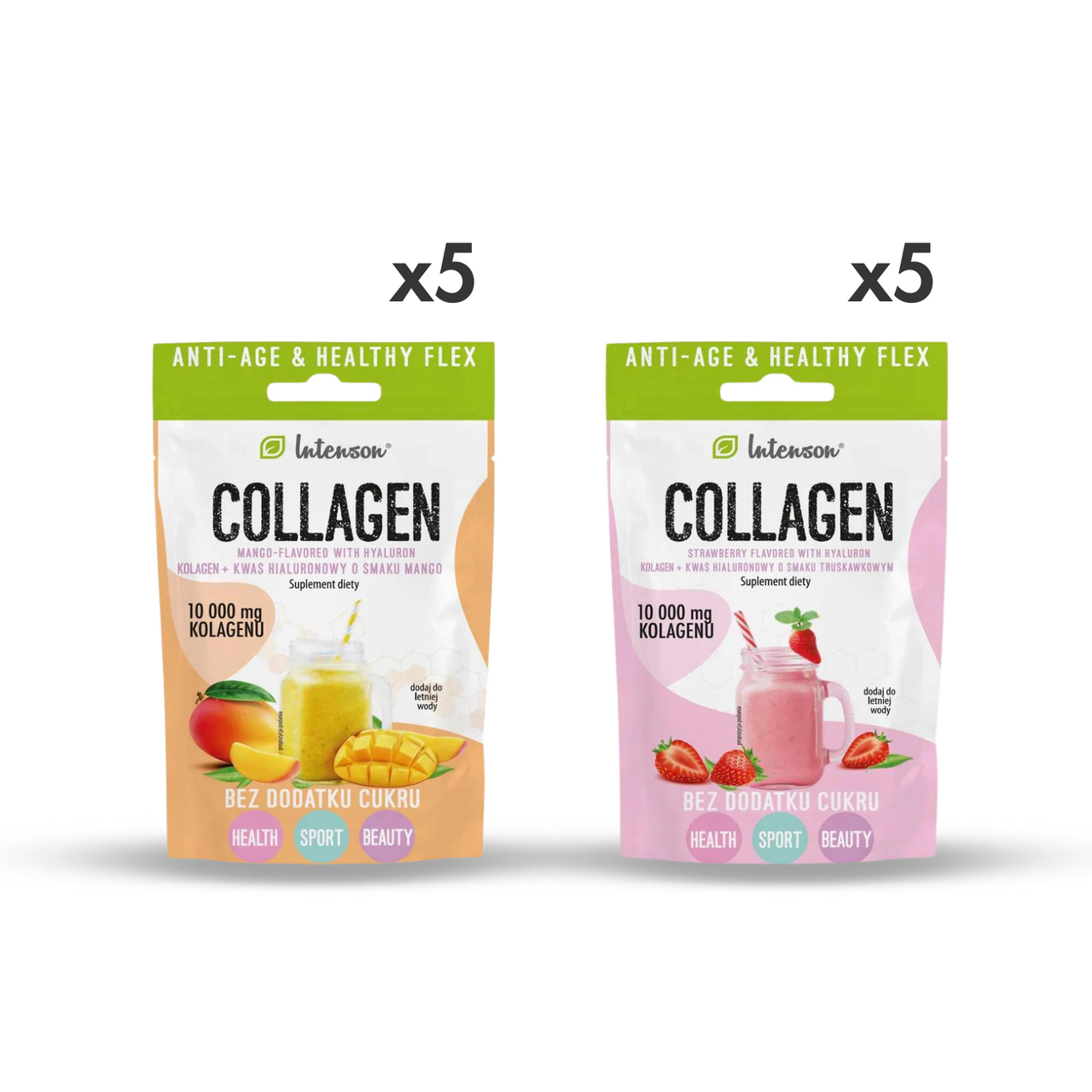 Zestaw Collagen Tropic 5x mango i 5x truskawka: kolageny w saszetkach o smaku mango i  truskawka z kwasem hialuronowym i witaminą C